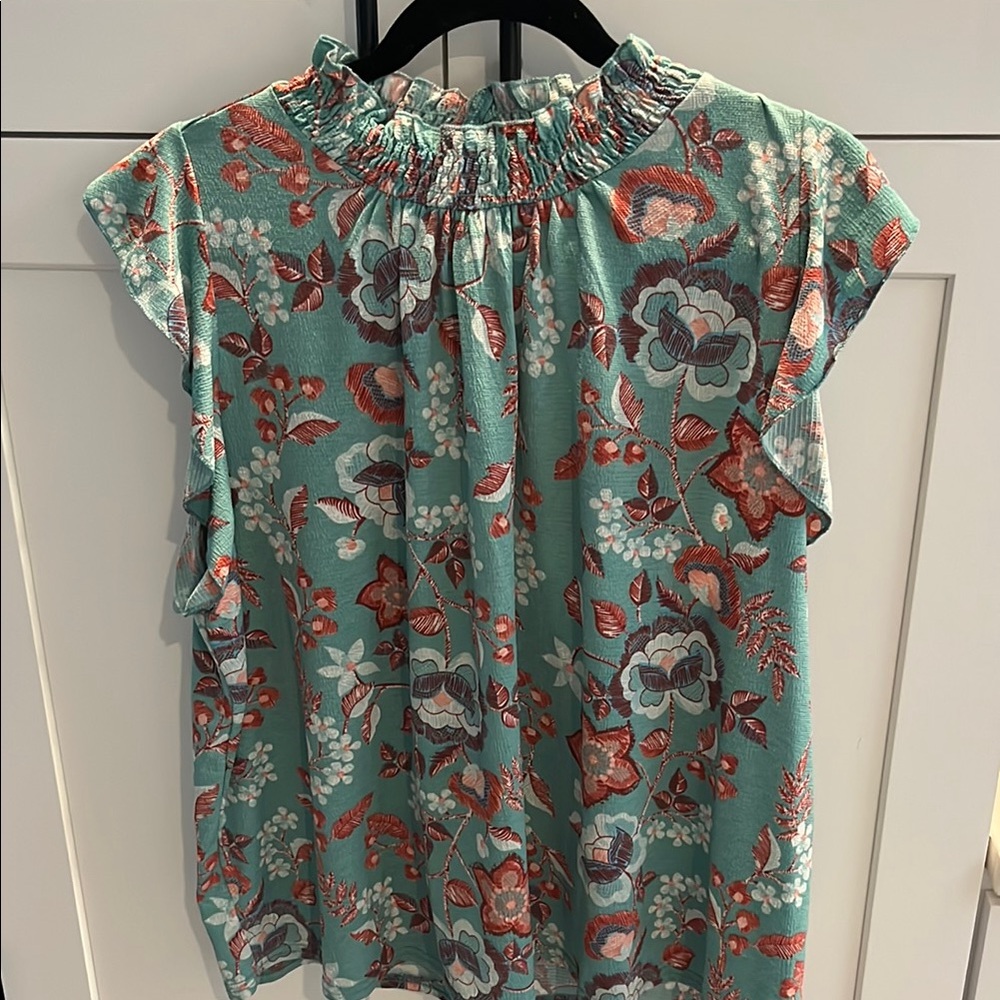 MELLODAY Green Smocked Ruffled Blouse with Mandarin Collar